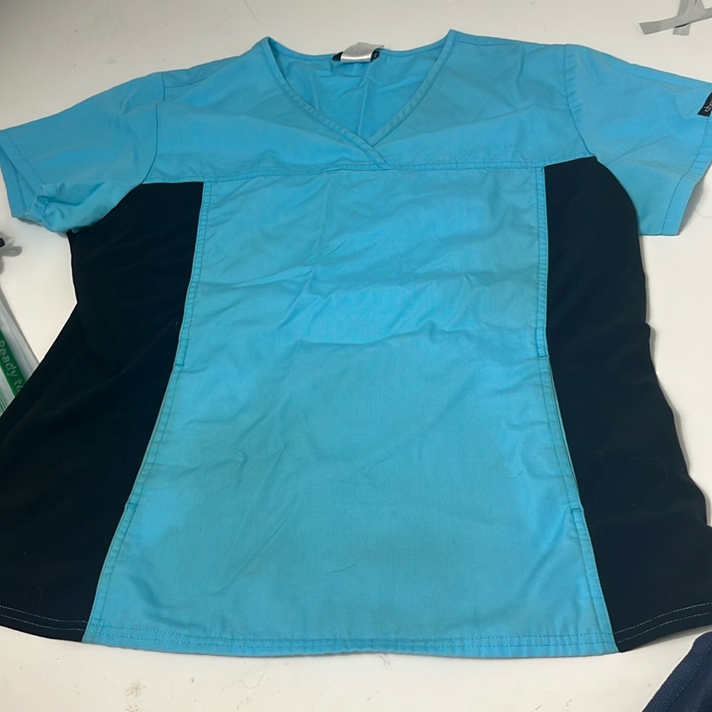Cherokee Large Blue Black Short Sleeve V Neck Scrubs Uniform Top